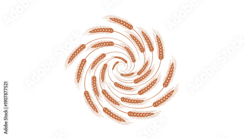 Artistic arrangement of golden wheat ears forming a decorative circular swirling pattern symbolizing harvest abundance and agriculture.