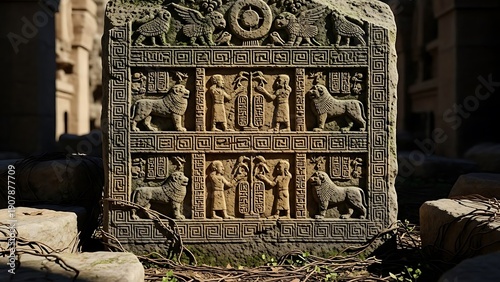 Ancient stone carving depicting various animals and symbols in a rectangular frame.