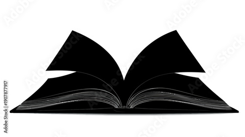 A black and white illustration of an open book with pages fanned out, on a white backdrop