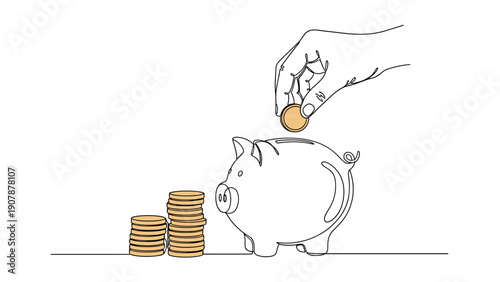 Hand placing a gold coin into a piggy bank with stacks of coins nearby in simple line art style depicting savings and financial planning.