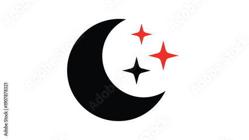 Simple black crescent moon silhouette accompanied by three red and black stars on a white background representing night and sleep.