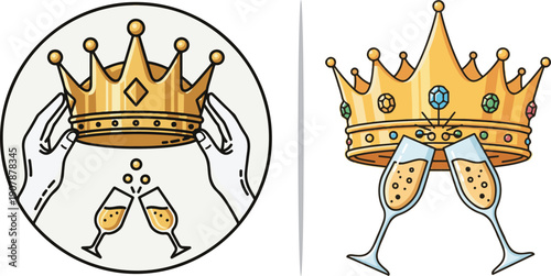 Two regal celebration designs featuring golden crowns and clinking champagne flutes. One version shows hands holding a crown over a toast, while the other features a jeweled crown above the glasses.