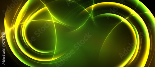 Abstract design features swirling yellow, green lines against black background. Bright curves create dynamic visual effect.