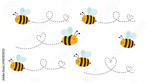 Pattern of cute cartoon bees flying with dotted paths that form heart shapes on a white background for fun and friendly nature themes.