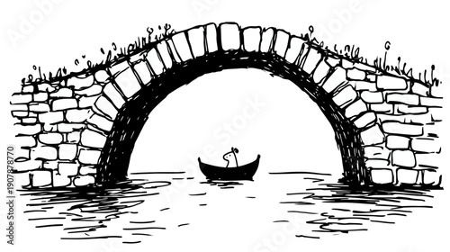 A hand-drawn image featuring an arched stone bridge over water, with a small boat beneath