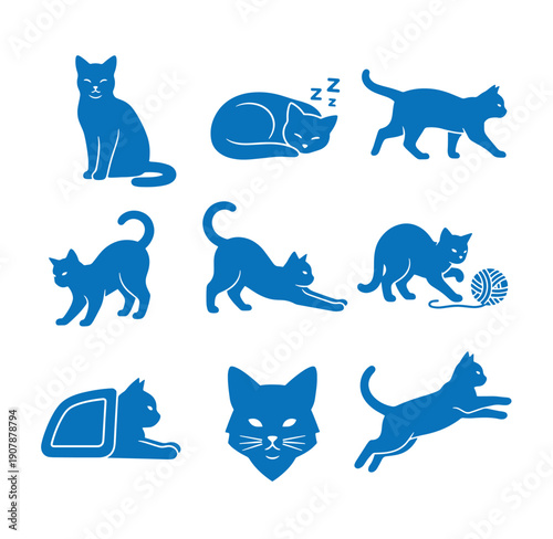 Blue cat silhouettes in various poses on white background