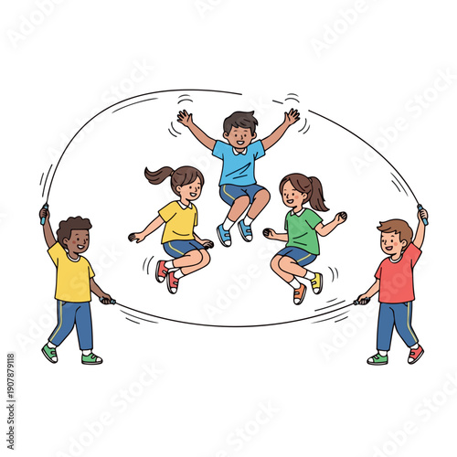 Illustration of four children jumping and two holding a jump rope in a circular motion against a white background with a playful and energetic mood.