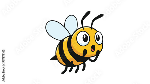 Adorable cartoon bee with a surprised facial expression and large eyes on a white background for character design and children illustrations.