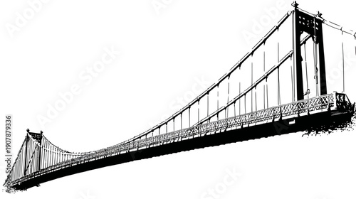A black and white illustration of a suspension bridge with ornate details