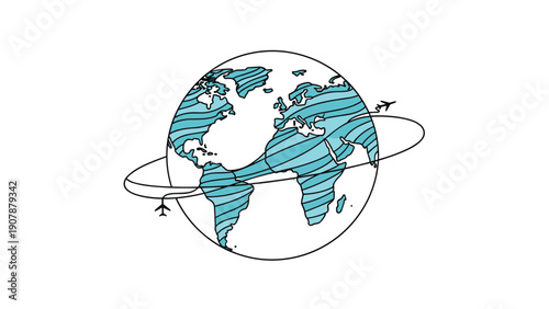 Stylized blue earth globe with airplane silhouettes circling the planet in a line art style representing global travel and aviation.