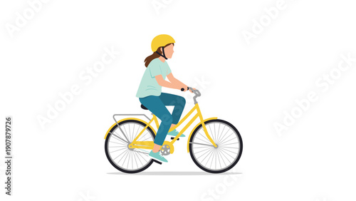 Woman with a helmet riding a bright yellow bicycle on a clean white background representing healthy lifestyle and eco-friendly transport.
