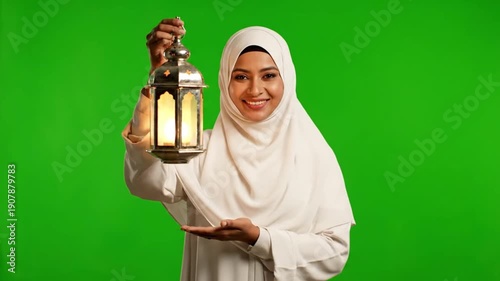 A smiling young woman wearing a hijab holding a lantern in a green background during ramadan.