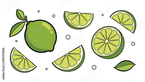 Collection of whole limes and cut slices with green leaves on a white background for fresh citrus and healthy food design projects.