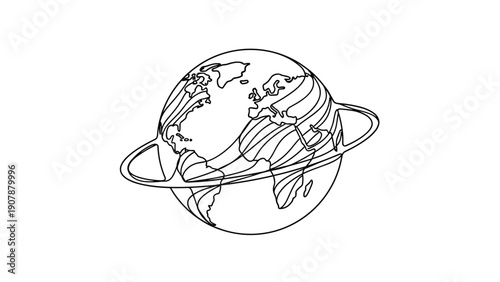 Stylized world globe with multiple orbital lines circling the planet in a black and white line art style representing global connectivity.