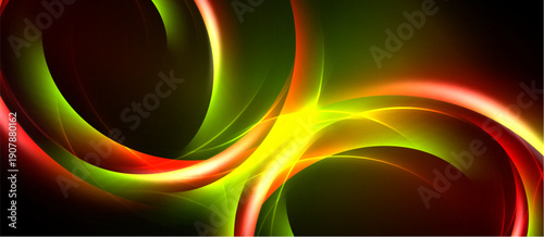 Abstract vibrant swirls, red, green, yellow hues blend. Dynamic energy radiates from flowing lines, dark background contrasts bright colors.