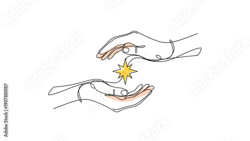 Two hands carefully enclosing a golden star in a continuous line drawing style symbolizing guidance inspiration and protection of dreams.