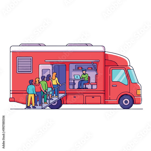 Illustration of a group of people ordering food from a red food truck with a serving window and a worker inside.