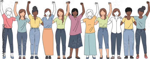 Women's solidarity illustration: An illustration depicts a diverse group of women standing together with raised fists, symbolizing strength, unity, and empowerment.