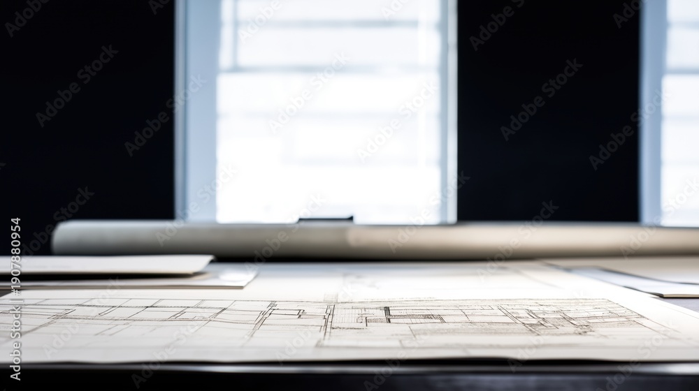 Obraz premium Architectural floor plan drawing on drafting table with minimalist design. Blueprint sketch of house project in professional workspace for construction concept.