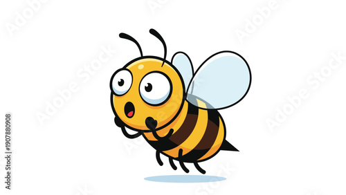 Surprised cartoon honey bee mascot character flying with wide eyes and open mouth on a clean white background for children and nature projects.