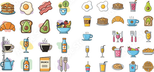A comprehensive vector icon set of breakfast and brunch items, including pancakes, eggs, bacon, avocado toast, croissants, coffee, and fruit bowls in a colorful line-art style.