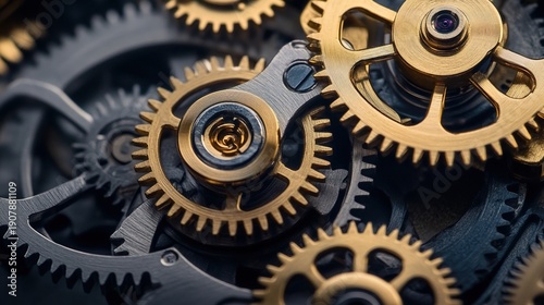 disengaging. A single metal gear disengaging from a complex clockwork mechanism. safety posters, maintenance manuals, designed for precision metalworking and fabrication facilities.