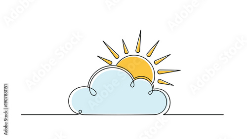 Continuous line drawing of a golden sun rising behind a fluffy blue cloud representing partly cloudy weather and bright morning atmosphere.