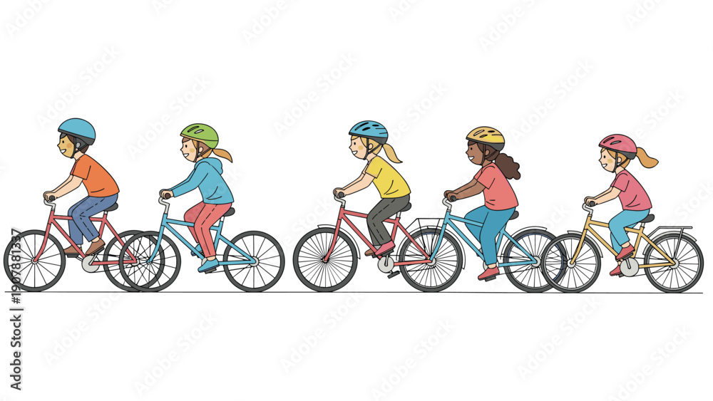 Obraz premium Group of diverse children riding colorful bicycles in a row wearing safety helmets for outdoor activity, exercise, and healthy childhood fun.