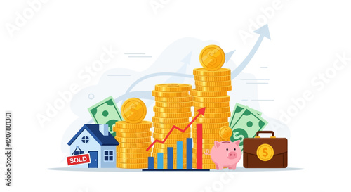 Financial growth concept with increasing coin stacks, real estate, savings, and business investments.