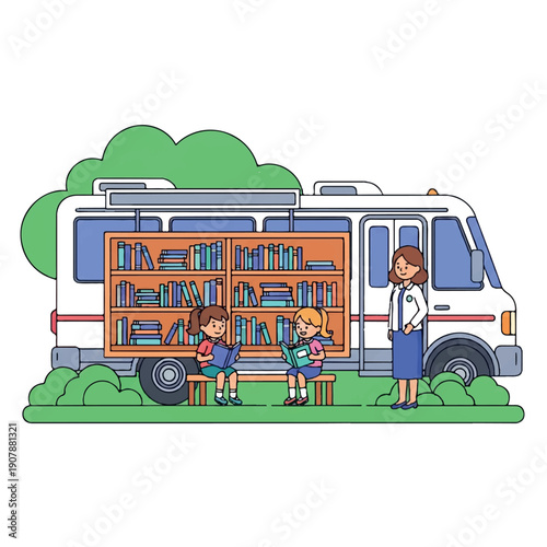 A woman and two children standing beside a mobile library truck with an open bookcase, conveying a sense of community and learning in a colorful, illustrative style against a plain white