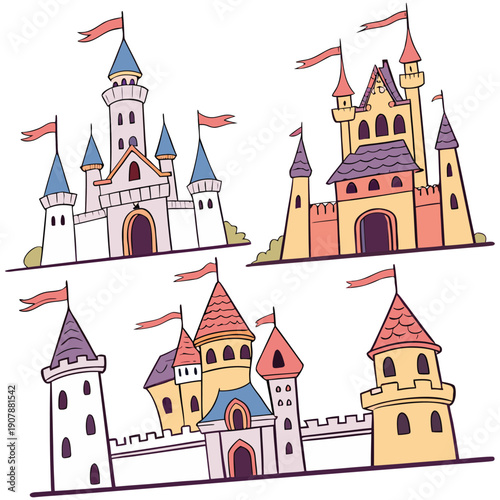 Medieval castles. Gothic palace, ancient king house and old kingdom castle tower vector set of palace fortress illustration