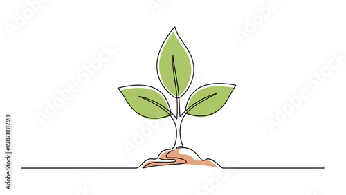 Continuous line drawing of a small green plant sprouting from the brown soil representing growth, nature, life, and environmental sustainability.