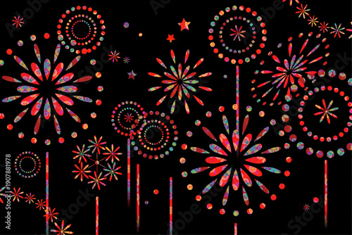 夏祭りやイベントを盛り上げるマルチカラーのポップな花火と夜空のデザイン