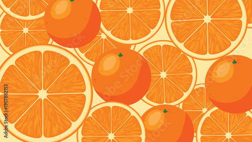 Vibrant seamless pattern of fresh orange fruit slices and whole oranges for summer, citrus, and healthy food background decoration projects.