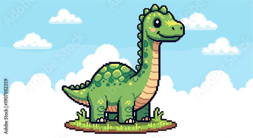 Cute green cartoon dinosaur with long neck standing on grass under a blue sky with clouds.