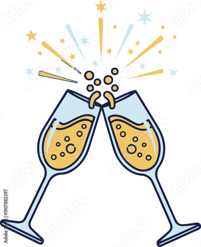 A festive vector illustration of two champagne glasses clinking in a toast, featuring bubbling gold liquid and a vibrant explosion of yellow and blue stars and sparks.