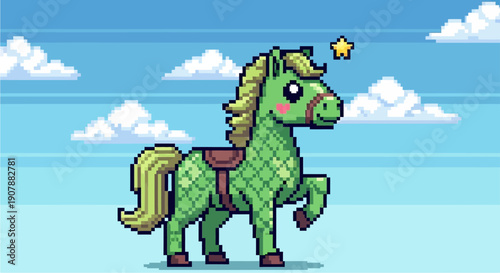 A cute pixel art green horse with a saddle and a star above its head, standing against a blue sky with clouds.