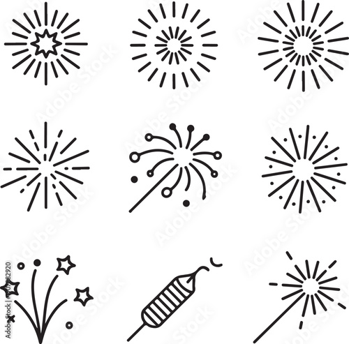 Firework line icon set. Christmas sparkler confetti, firecracker minimal vector illustration. Simple outline sign for New Year celebration party. Editable Stroke