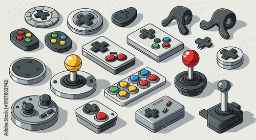A collection of various retro and modern video game controllers, joysticks, and control pads in an isometric illustration style.