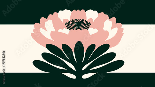 A stylized floral design with a pink flower, dark green leaves, and horizontal bands