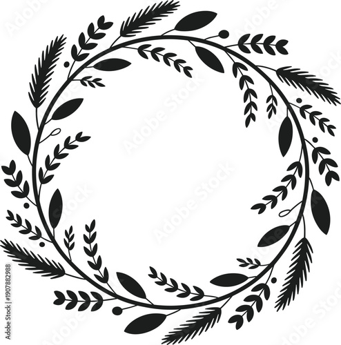 Black silhouette wreath of pine needles leaves and berries on white background vector