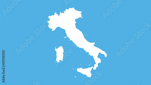 White silhouette map of Italy on a bright blue background representing geography, travel, tourism, and mediterranean holiday destinations.