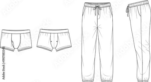 Men underwear and jogger pants technical flat sketch set showing front side views clean apparel vector illustration