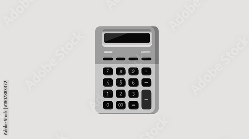A grayscale illustration featuring a calculator from a top-down view. Buttons are visible