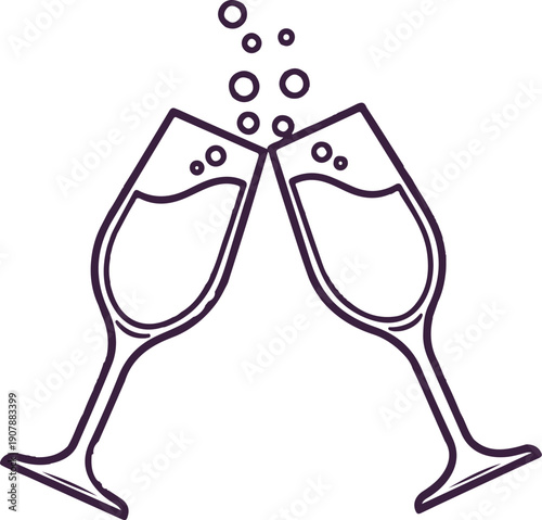 Minimalist purple line art of two champagne flutes clinking in a toast, featuring rising bubbles. A clean, elegant vector illustration perfect for celebrations and events.