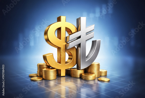 golden dollar symbol on a gold background an silver turkish lira symbol