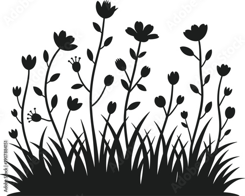 Black silhouette of a flower bed with grass and various blooming flowers and buds vector