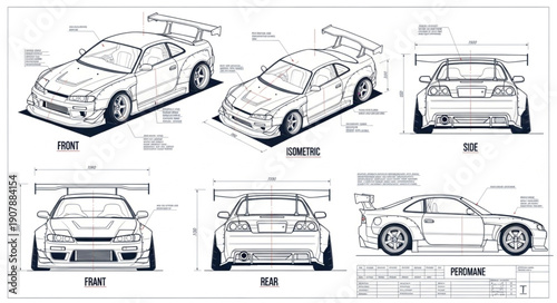 Detailed Technical Drawing of a Sports Car Blueprint.