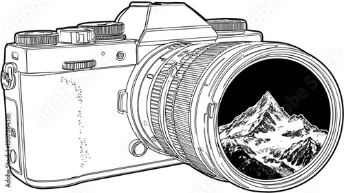 Line-art depiction of a film camera, with a snowy mountain landscape visible through the lens