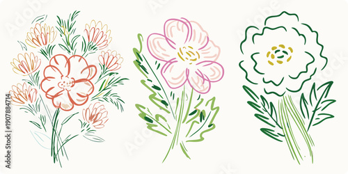 Botanical illustration of three colorful flower arrangements with foliage